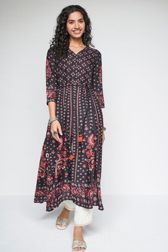 Black Floral Flared Kurta, Black, image 2